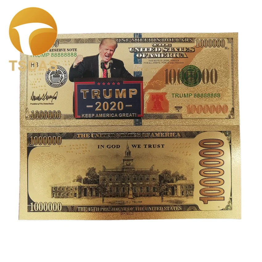 Позолоченные банкноты Дональд Трамп 2020 покрытые 24 каратным золотом 10 шт./лот