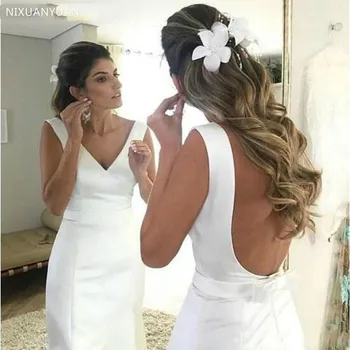 

Satin Simple Mermaid Wedding Dresses 2020 Sexy V Neck Backless Beach Bride Dresses Wedding Gown Vestido De Noiva Robe De Mariage