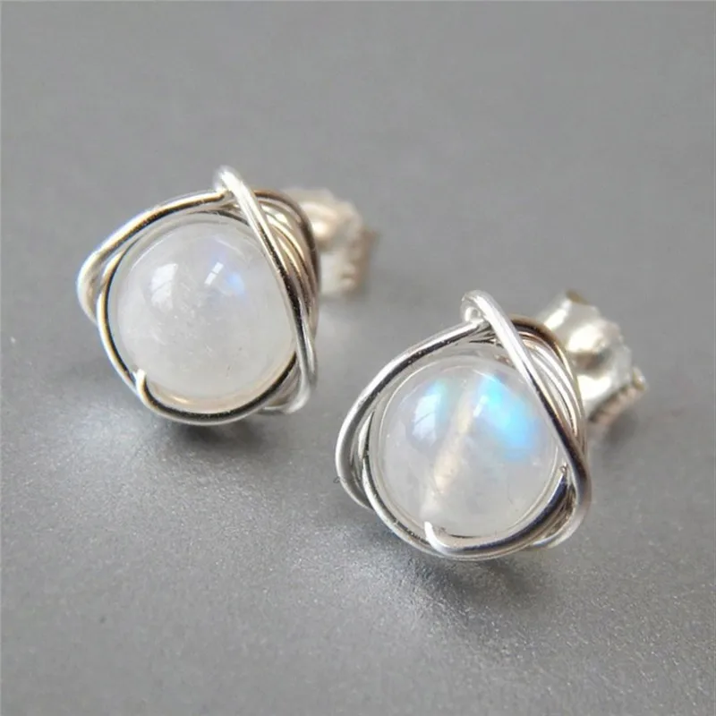 Classic Round Small Studs Earrings Crystal Blue Sand Stone Moonstone Malachite Woman Charm Jewelry | Украшения и аксессуары