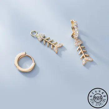 

925 Sterling Silver Cute Cubic Zirconia Fishbone Pendant Ear Rings Gold Color Plated Hoops Earrings Christmas Jewelry for Women