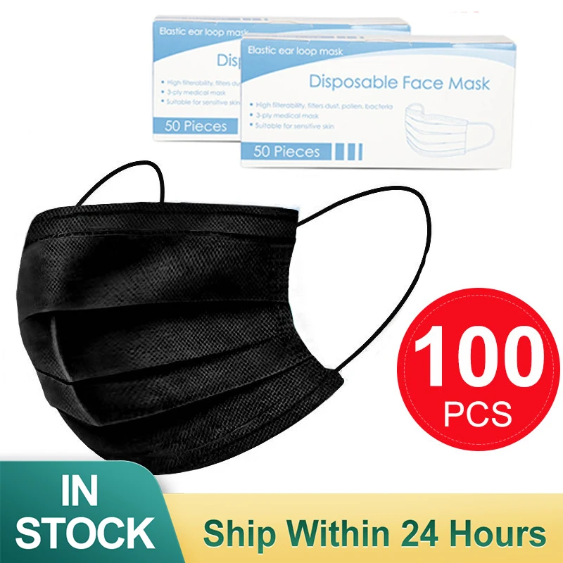 

100PCS Medical Mask PM2.5 Disposable Nonwoven Elastic Earloop Black Face Masks Activated Carbon Unisex Respirator Mask Dust Mask