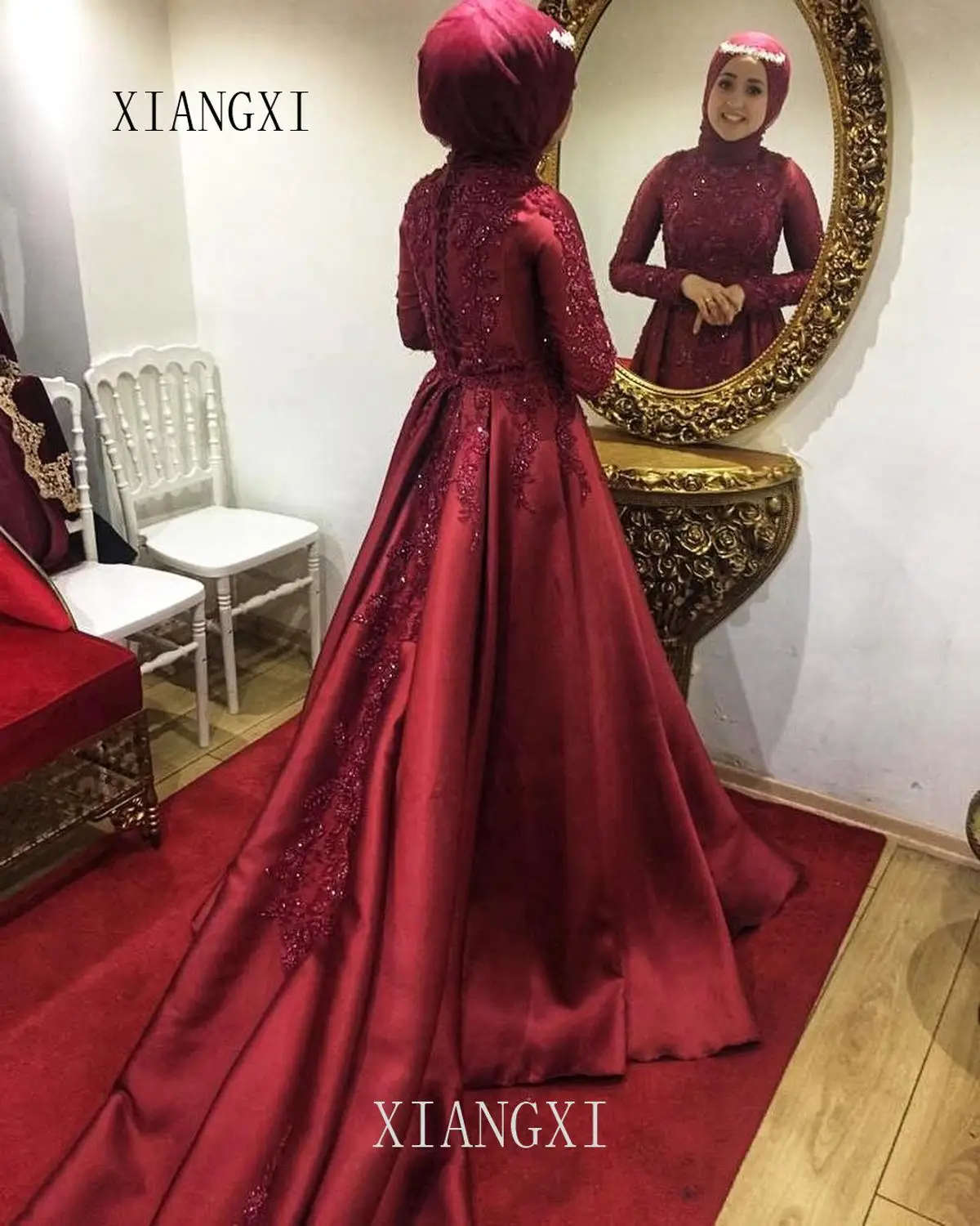Vestidos бургундское мусульманское вечернее платье Стильное вечернее платье Длинное украшение шеи полный рукав кружева платья с аппликацией для официального приема