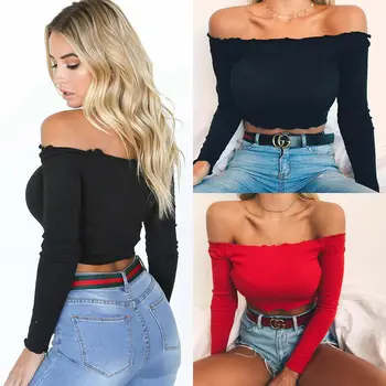 

Women's Casual Off Shoulder Sexy Tank Top Vest Blouse long sleeve red black Crop Tops Shirt slim fit autumn clothes