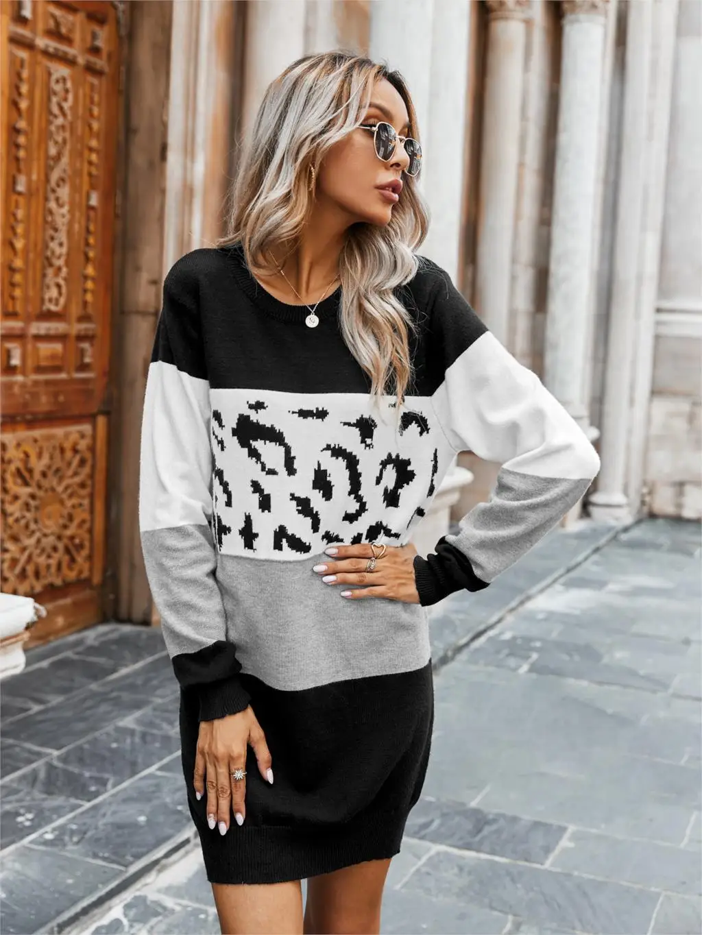 Chifirena Vintage Leopard Patchwork Sweater Dress Women O Neck Long Sleeve Winter Casual Robe Female Elegant Minie Vestidos