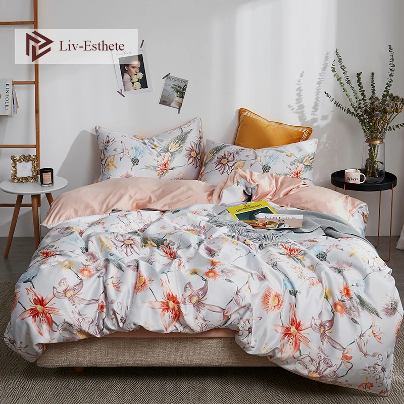 

Liv-Esthete Luxury Flowers Printed 100% Silk Bedding Set Silky Healthy Skin Duvet Cover Soft Flat Sheet Queen King Bed Linen