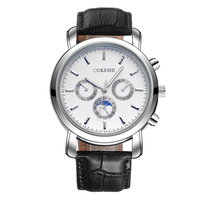 

Oukeshi Fashion Simple Three-Eyed Blueray Glass Leather Belt Quartz Men's Watch Waterproof MEN'S Watch