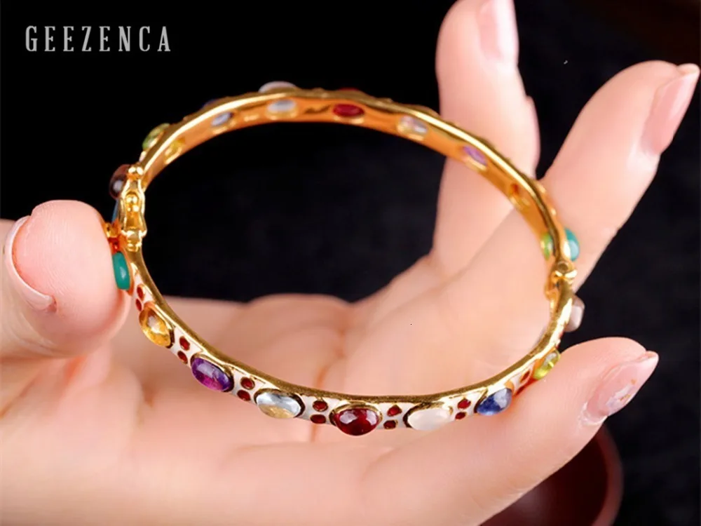 925 стерлингового серебра цветные драгоценные камни Cloisonne ручной работы ремесло Браслеты Винтаж этнический браслет браслеты ювелирные украшения для женщин