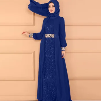 

Fashionable Islamic Noble Elegant Thin Women's Long Skirt Muslim Sequins High Waist Retro Wind Chiffon Dress Two-Piece Set Abaya