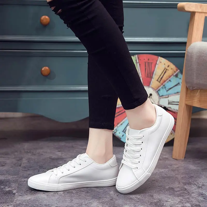 Zapatos blancos cordones para mujer, zapatillas informales de cuero PU y lona, color liso, Primavera, 2022 - AliExpress