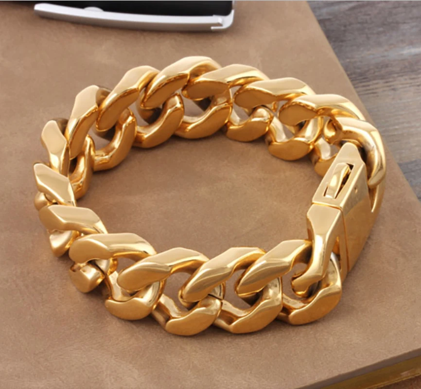 Высокое качество Снаряженная кубинская ссылка браслет мужской Гладкий золотой тон 316L нержавеющая сталь модные ювелирные изделия 20 мм