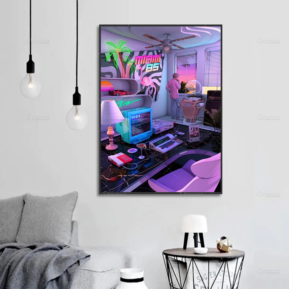 

Home Decoration Canvas Synthwave Miami 85 Retrowave HD Prints Poster Painting Living Room Wall Art Modular Picture With Frame