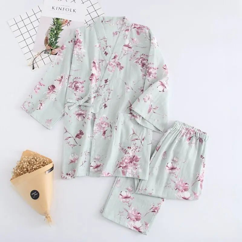 Пижама Femme, японское кимоно, халаты для женщин, свежий принт лилии, хлопковые газовые пижамные комплекты, простой комплект пижам для женщин, пижама Mujer