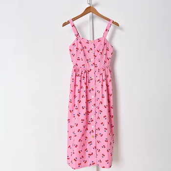 

Women Cherry Print Dress Spaghetti Strao Pink Single Breasted Squae Collar Sleeveless Sweet Holiday Midi Dress 2020