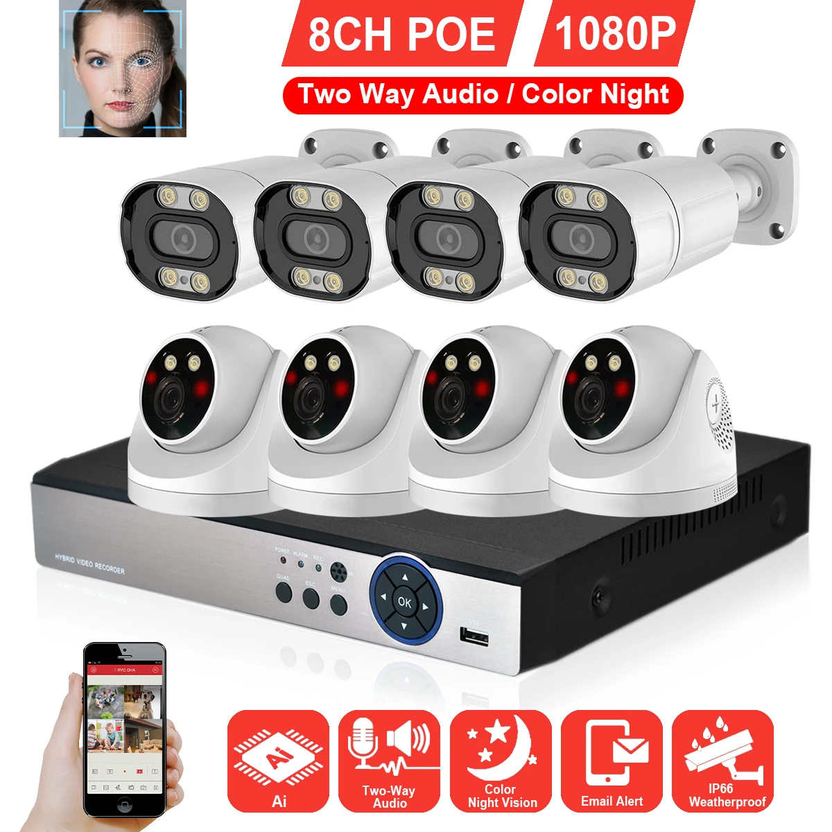 H.265 8CH 2MP CCTV POE NVR System 48V 1080P Two Way Audio Indoor Outdoor AI Human Face Detection Security IP Camera Kit | Безопасность и