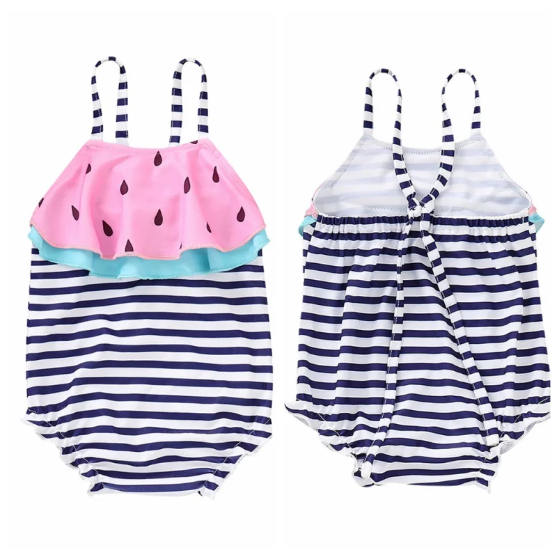 

Cotton Children Girl Summer Swimsuit Swimwear Watermelon Print Striped Strap One Piece Beachwear Swimsuit