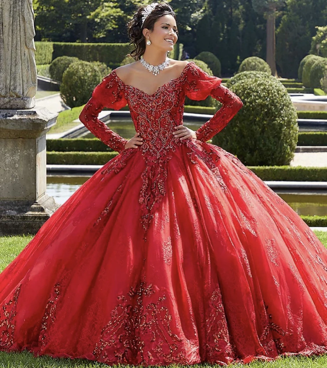 Red Puffy Long Sleeve Quinceanera 