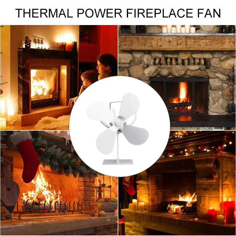 

Hot WHITE Fireplace 4 Blades Heat Powered Stove Fan Log Wood Burner Eco Friendly Quiet Fan Home Efficient Heat Distribution