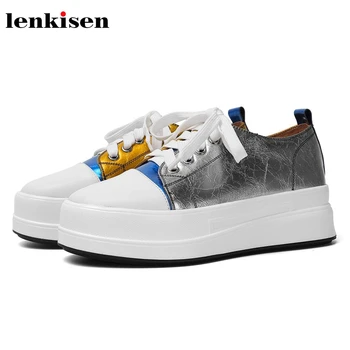 

Lenkisen genuine leather round toe med heels thick bottom fashion mixed colors lace up preppy style autumn vulcanized shoes L0f1