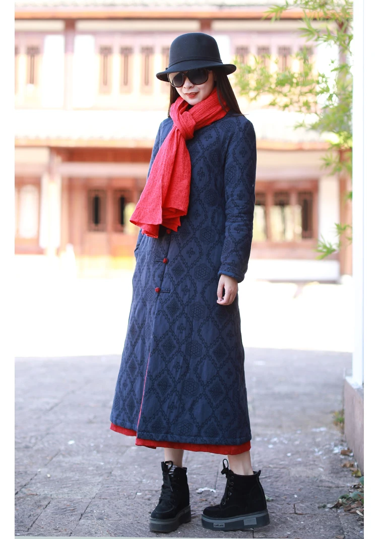 LZJN 2019 Winter Jacket Women Stand Collar Quilted Overcoat Long Chinese Parka Jacquard Autumn Coat Pocket Winterjas  (40)