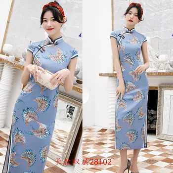 

Satin Mandarin Collar Long Qipao Slim Chinese Style Party Prom Dress Sexy Print Flower Cheongsam Vestidos Oversize 4XL