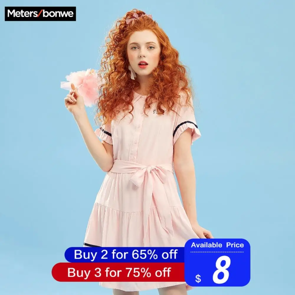 Metersbonwe Брендовое шифоновое платье для девушек, весеннее платье, стиль, кукольный воротник, школьное платье с поясом