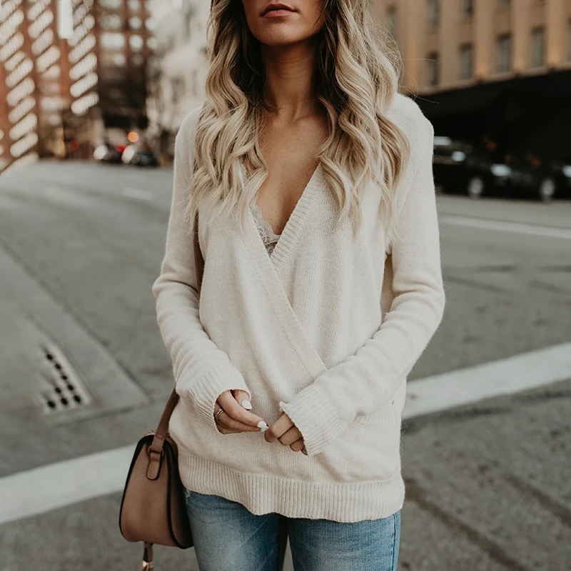 2020 Off Shoulder Knit Sweater Top Women Autumn Cozy Sexy Deep V Neck Jumper Elegant Loose Knitwear | Женская одежда