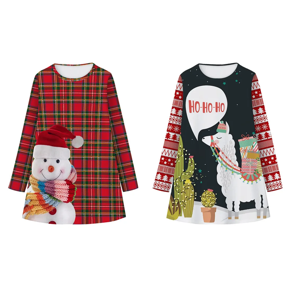Новинка года; рождественское платье в клетку с длинными рукавами и круглым вырезом и цифровым принтом снеговика для девочек; милое детское рождественское платье для девочек