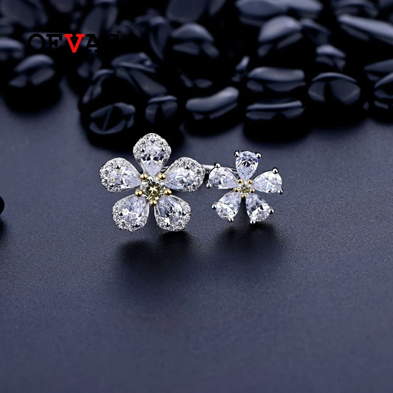 

OEVAS 100% 925 Sterling Silver High Carbon Diamond Resizable Flower Rings For Women Sparkling Wedding Party Fine Jewelry Gift