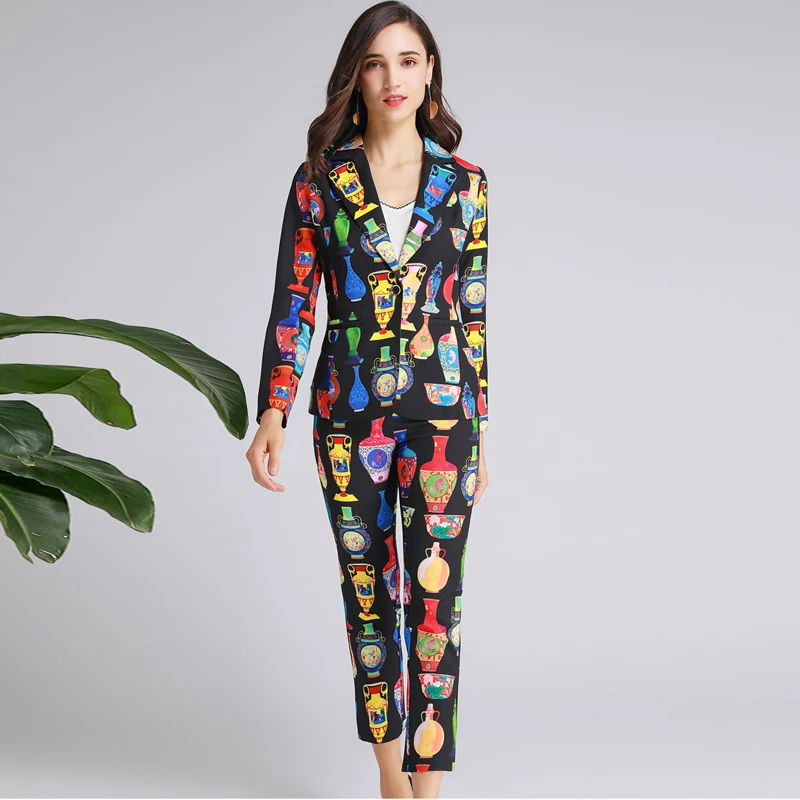 

Red RoosaRosee Designer Autumn Two Piece Set For Women Full Sleeve Blazer Top + Charming Print Pencil Pants Suit Female Twinset