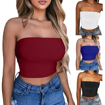 

Women Sexy Solid Color Strapless Cropped Mini Bustier Slim Elastic Tube Top