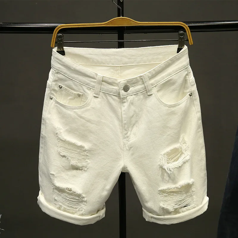 Summer white & black &Khaki Men Ripped Loose Straight Jeans Short Fashion Hip hop Bermuda Holes Casual Denim Cargo shorts