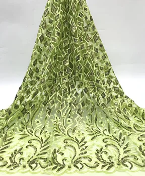 

8 colors ( 5yards/pc ) NEW design African French net lace fabric lemon green with sequins embroidery for party dress FCC091
