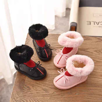 

2020 Winter New Children Snow Boots Waterproof Leather Plus Velvet Girls Princess Warm Shoes Bow Ankle Boots for Baby Pink Black
