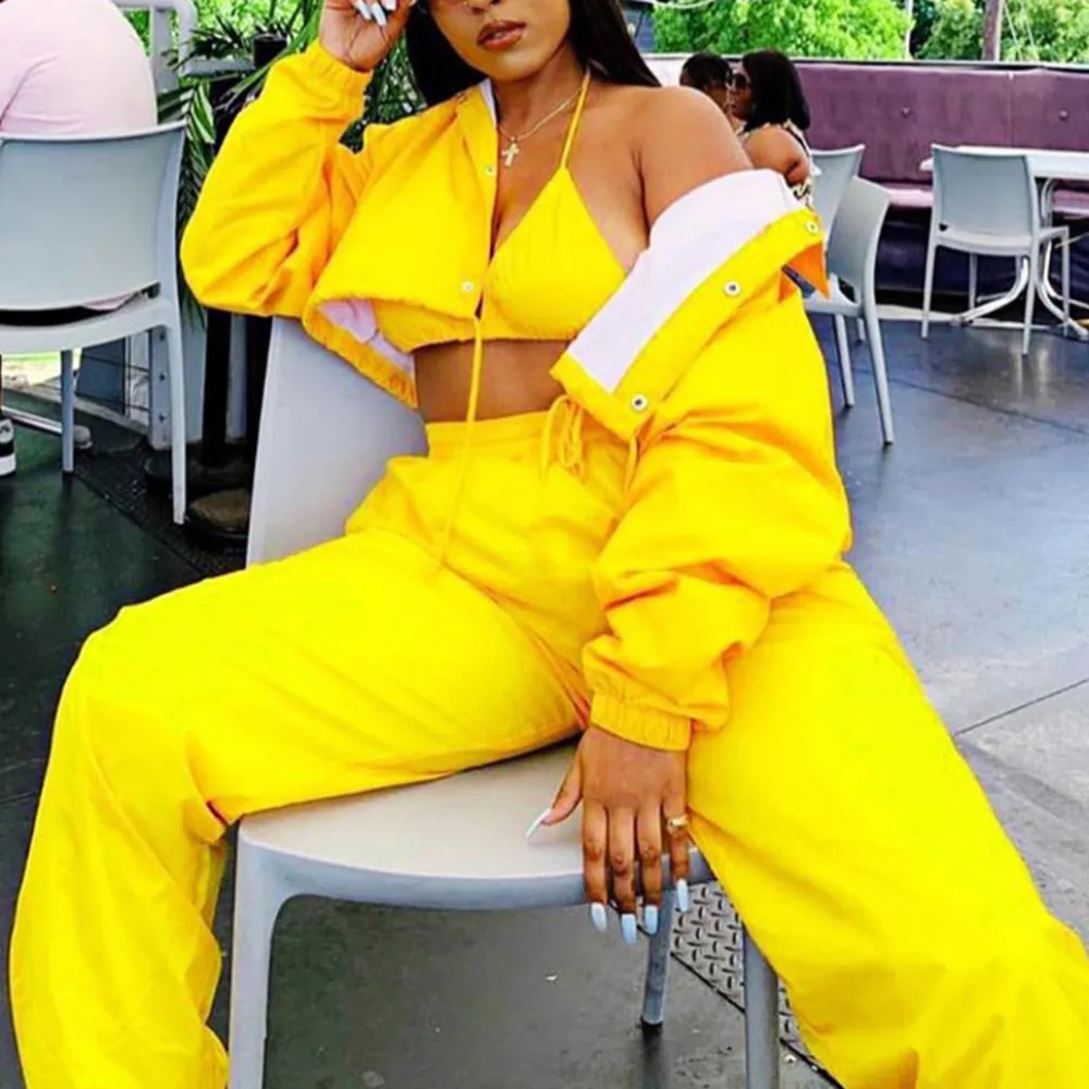 

Women Tracksuit Cropped Jacket And Pant 2 Piece Set Fashion Female Loose Long Sleeve Button Pullover Coat Jogger Suit Plus Size