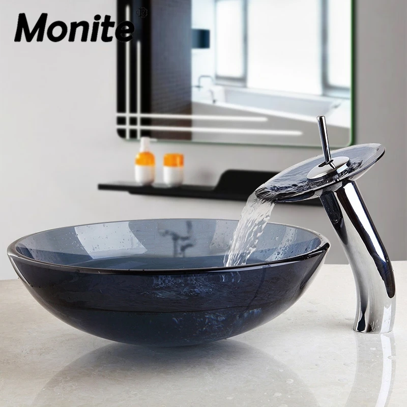 Tempered Glass Bathroom Vessel Sink Round Bowl Waterfall Mixer Chrome Faucet Tap 