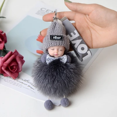 

High Quality Cute Fluffy Sleeping Baby Doll Keychain Pompon Real Fox Fur Ball Key Chain Car Keyring Women Key Bag Pendant Charm