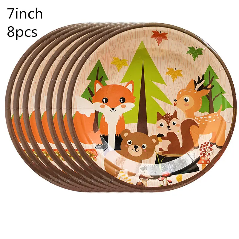 Woodland Forest Birthday Party Decor Animal Fox Raccoon Hedgehog Boys Disposable Tableware Set Cake Topper Plate Cup Supplies