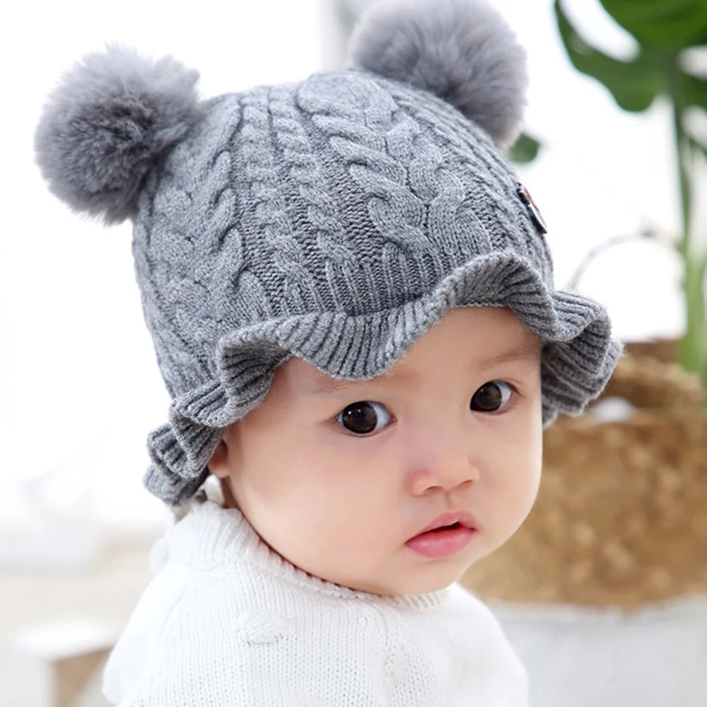 CYSINCOS One Size New Children's Knit Hat Cute Baby Boys Girls Cotton Double Wool Caps Core Wire Jacquard Cartoon Dome Hair Ball