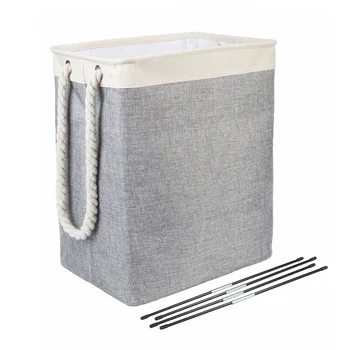 

High Quality Foldable Laundry Basket Cotton Linen Square Basket Storage Basket Fiberglass Tube Support Cotton Rope Handle