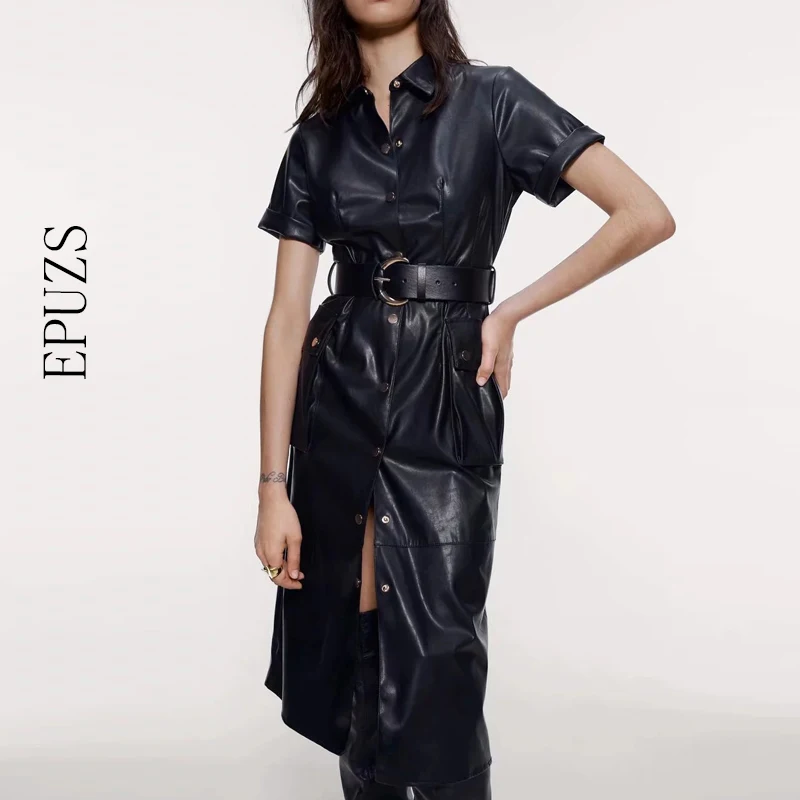 

Winter button belt PU leather dress women midi dress Vintage casual short sleeve office black dress korean vestidos 2019