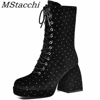 

MStacchi Women Laue-Up Ankle Boots For Women Autumn Square High Heels Platform Shoes Woman Side Zipper Dress Party Boots Mujer