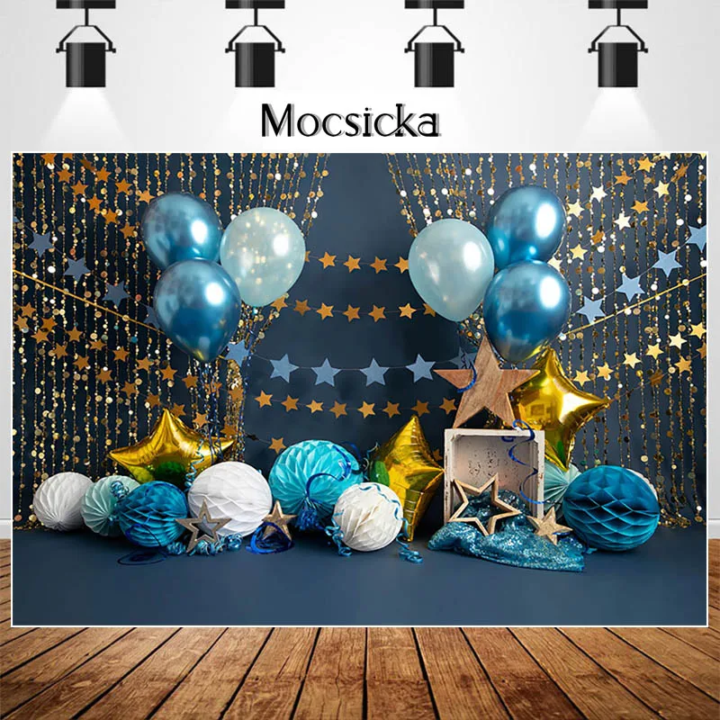 

Newborn Children Birthday Cake Smash Background Golden Glitter Stars Kids Portrait Backdrop Blue Balloons Studio Photography