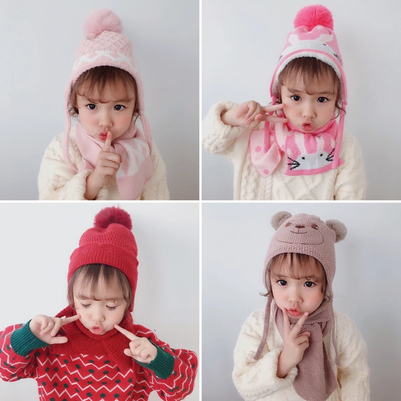 Girls Sweet Two Pieces Hat Scarf Set Cap Children's Hats Baby Boys Caps Fake Ball Pompon Keep Warm Winter Knitted Skullies Kids