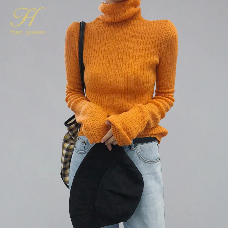 

H han queen 2019 Autumn Women Turtleneck Sweaters Elastic Mohair Sweater Korean Chic Bottoming Knitted Pullovers Tops Clothes