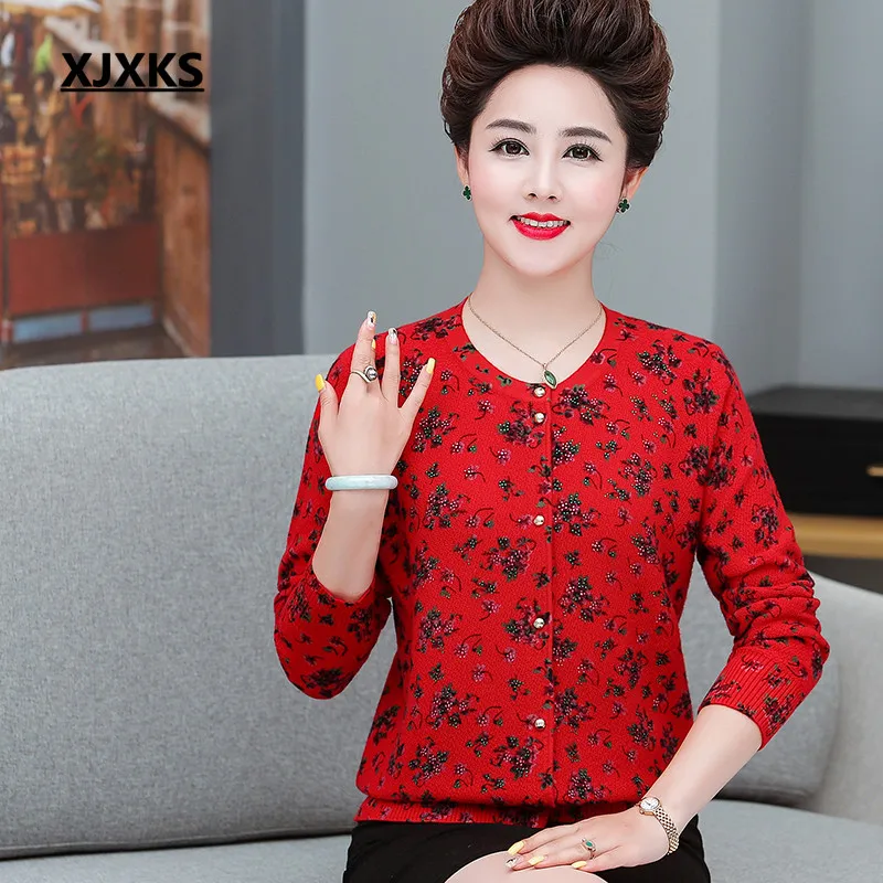 XJXKS autumn winter new exquisite printed women cardigan plus size wool knitted cardigan women sweater - Цвет: Красный