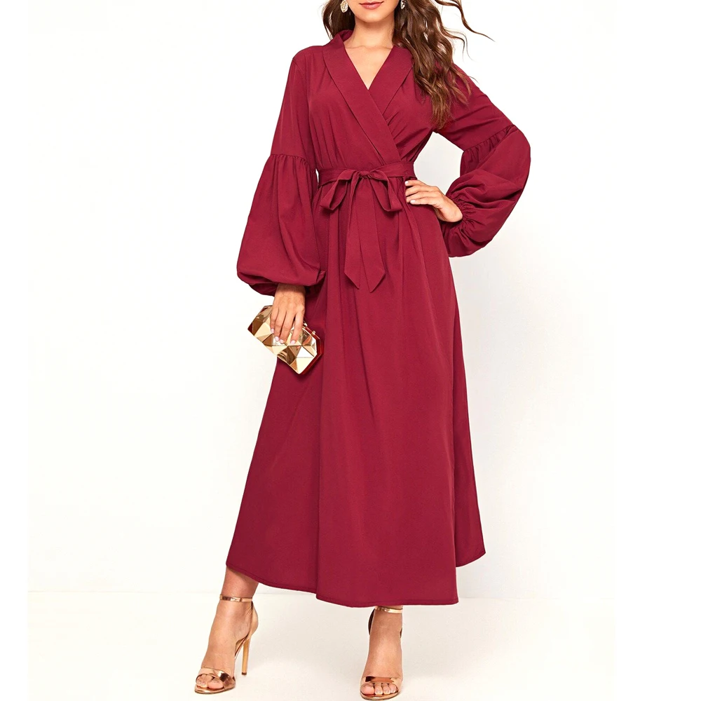 

Long Dress V-Neck Lantern Sleeve Solid Red Color Cocktail Party Dress With Belt Boho Style Geometric Beach Dress Plus Size Xxl