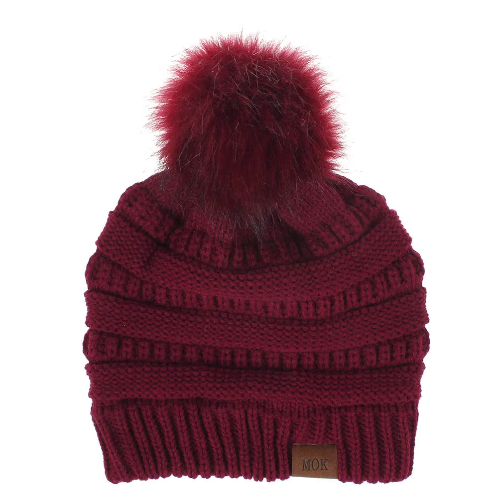 Вязаная вязаная шапка с ушками из искусственного меха, зимняя вязаная шапка, мешковатая шапка с черепом, шапки с помпонами из натурального меха для девочек - Цвет: Wine Red