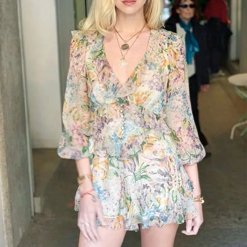Women Floral Print Chiffon Playsuit Autumn Long Sleeve Deep V Neck Short Overalls Ruffles Casual Summer Beach Jumpsuit