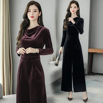 

Women Jumpsuit Ladies Temperament Slim Wide Leg Pants Velvet Elegance Long Sleeve Jumpsuit Womens Clothing Red Blue Black