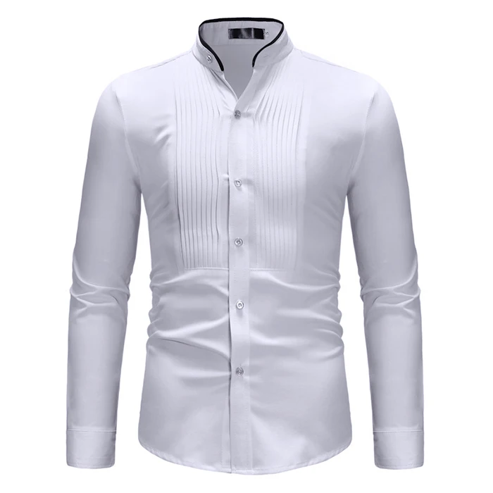 Men shirt long sleeve cotton fashion simple Fitness Solid color Stand collar shirt Male casual pleated long sleeve shirt Clothes